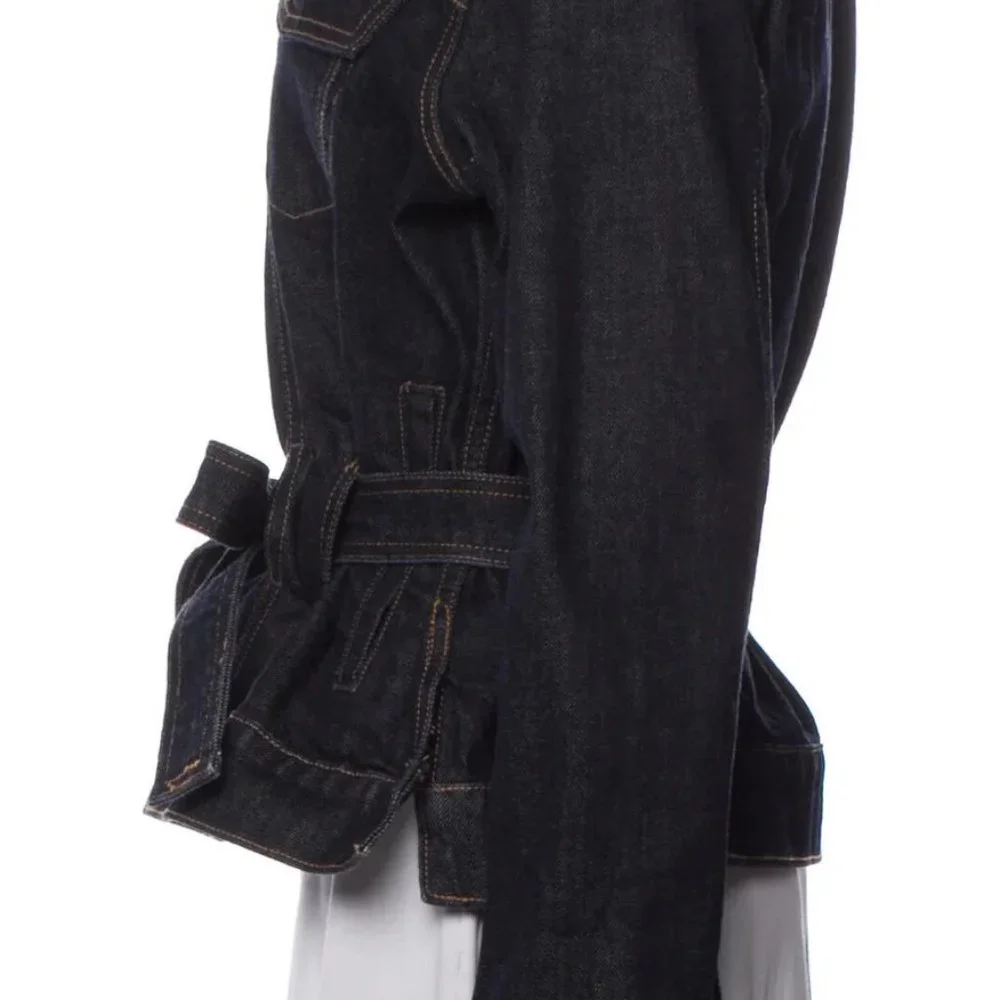 Trave Blue Pointed Collar Flap Pockets Button Closure Belted Denim Jacket Small - Picture 11 of 12